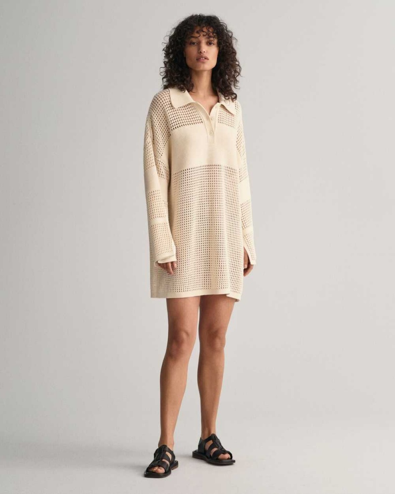 Gant Open Knit Rugger Women\'s Dress Cream | WKTCH-0238