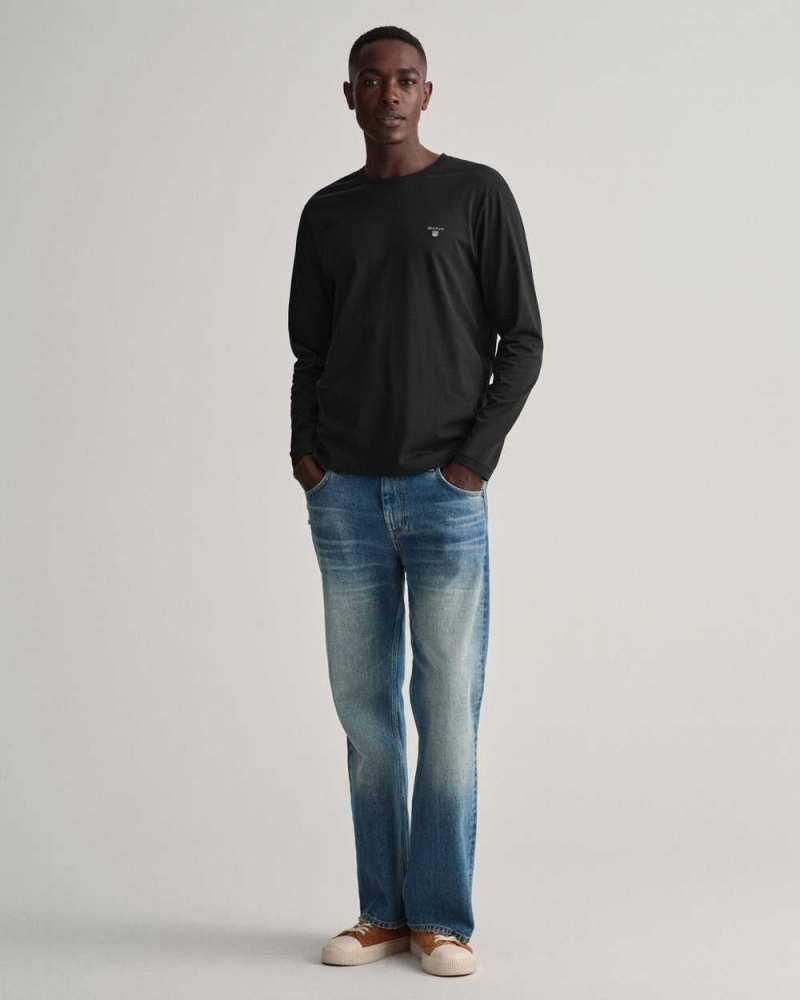 Gant Original Long Sleeve Men's T-Shirt Black | UMFHV-6308