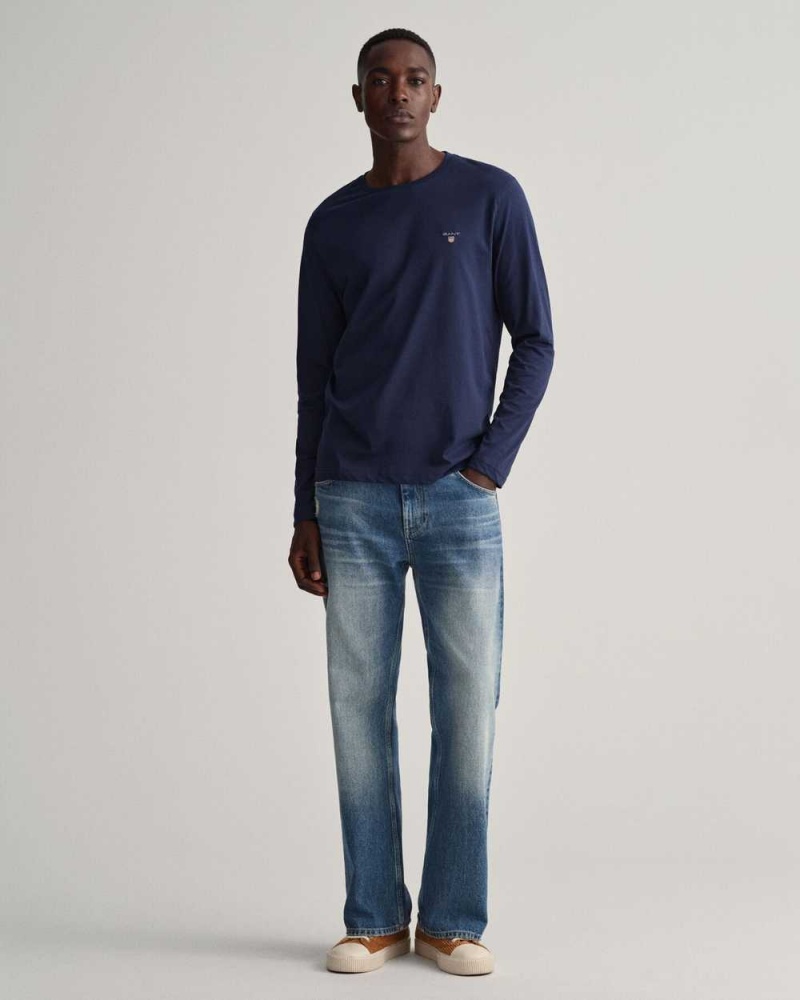 Gant Original Long Sleeve Men's T-Shirt Evening Blue | UYTKZ-7693