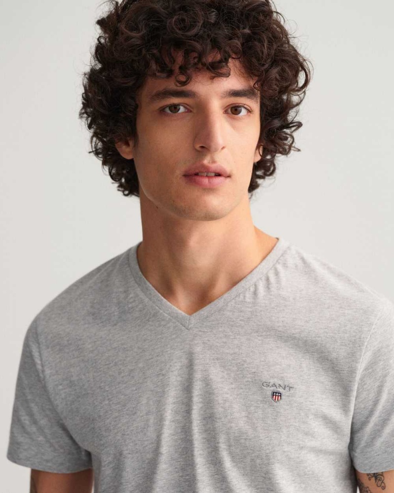 Gant Original Slim Fit V-Neck Men's T-Shirt Light Grey Melange | GRLNK-4817