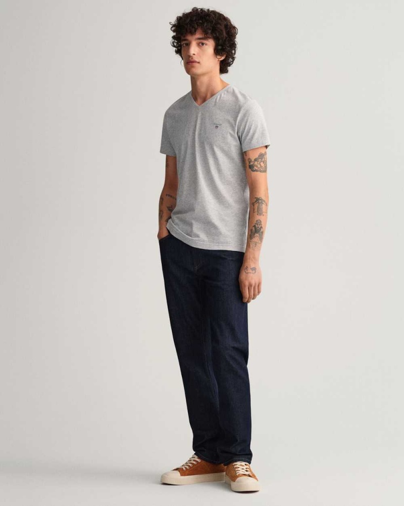 Gant Original Slim Fit V-Neck Men's T-Shirt Light Grey Melange | GRLNK-4817