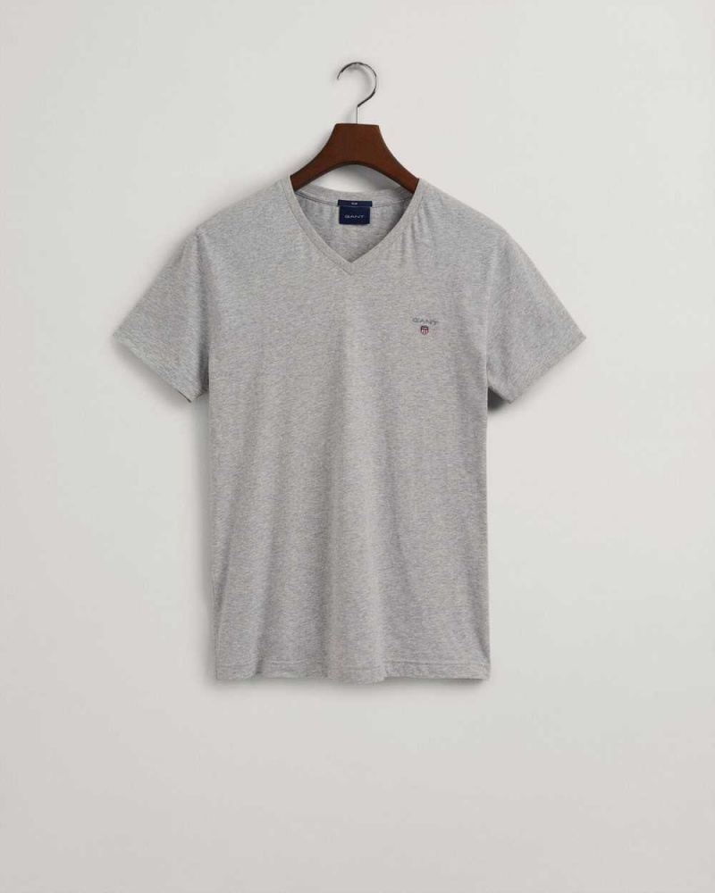 Gant Original Slim Fit V-Neck Men's T-Shirt Light Grey Melange | GRLNK-4817