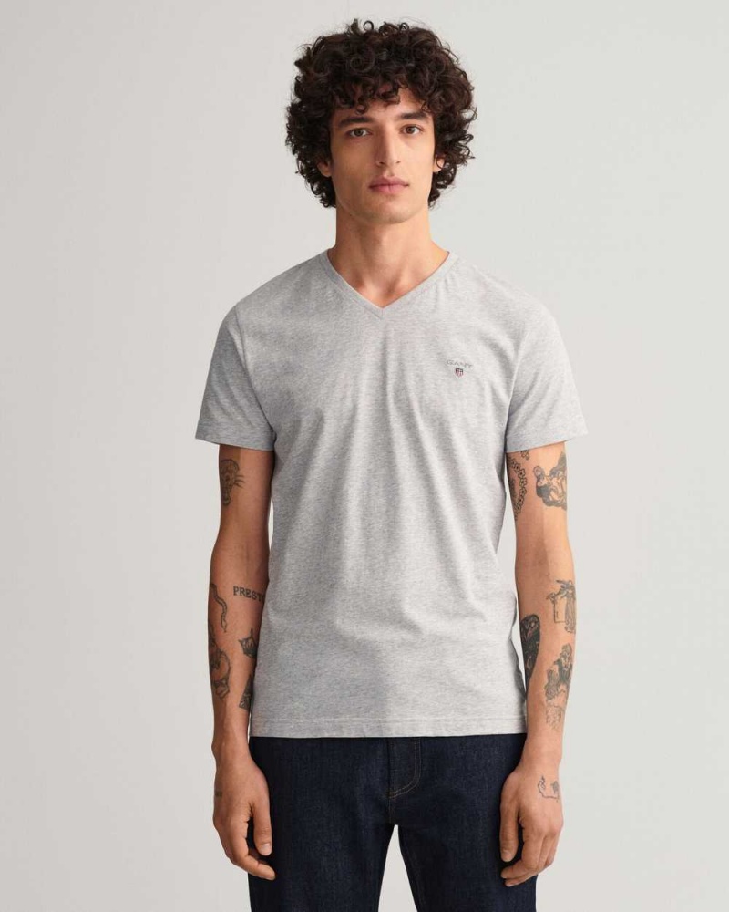 Gant Original Slim Fit V-Neck Men\'s T-Shirt Light Grey Melange | GRLNK-4817