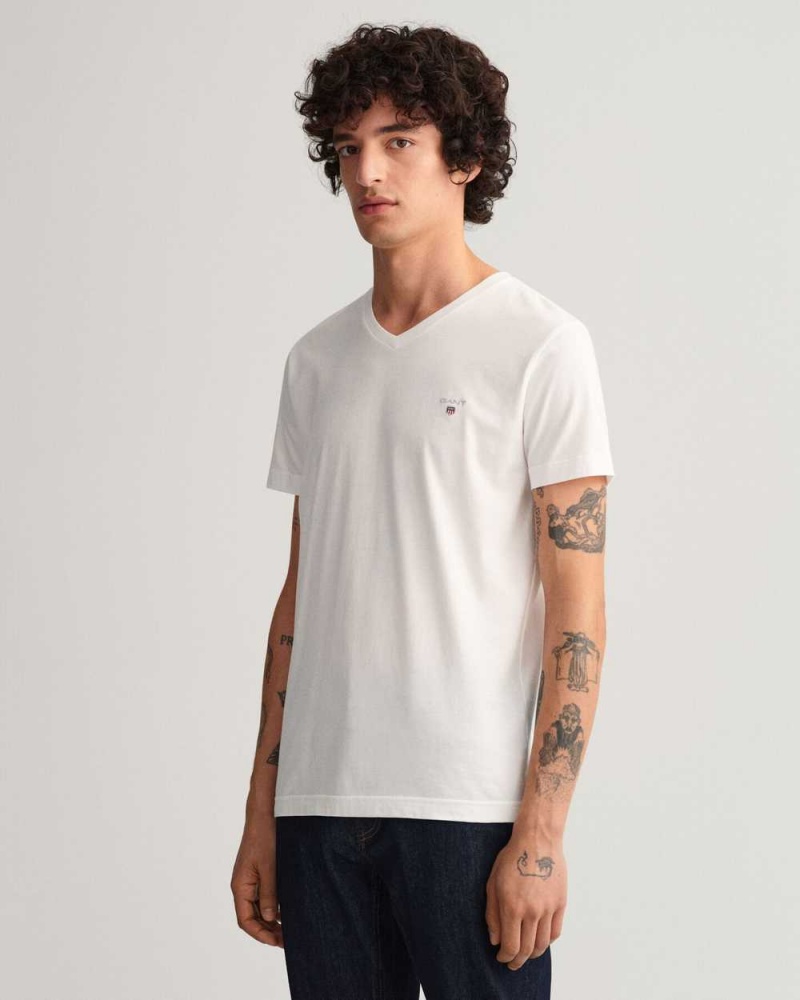 Gant Original Slim Fit V-Neck Men's T-Shirt White | UMEGI-9840