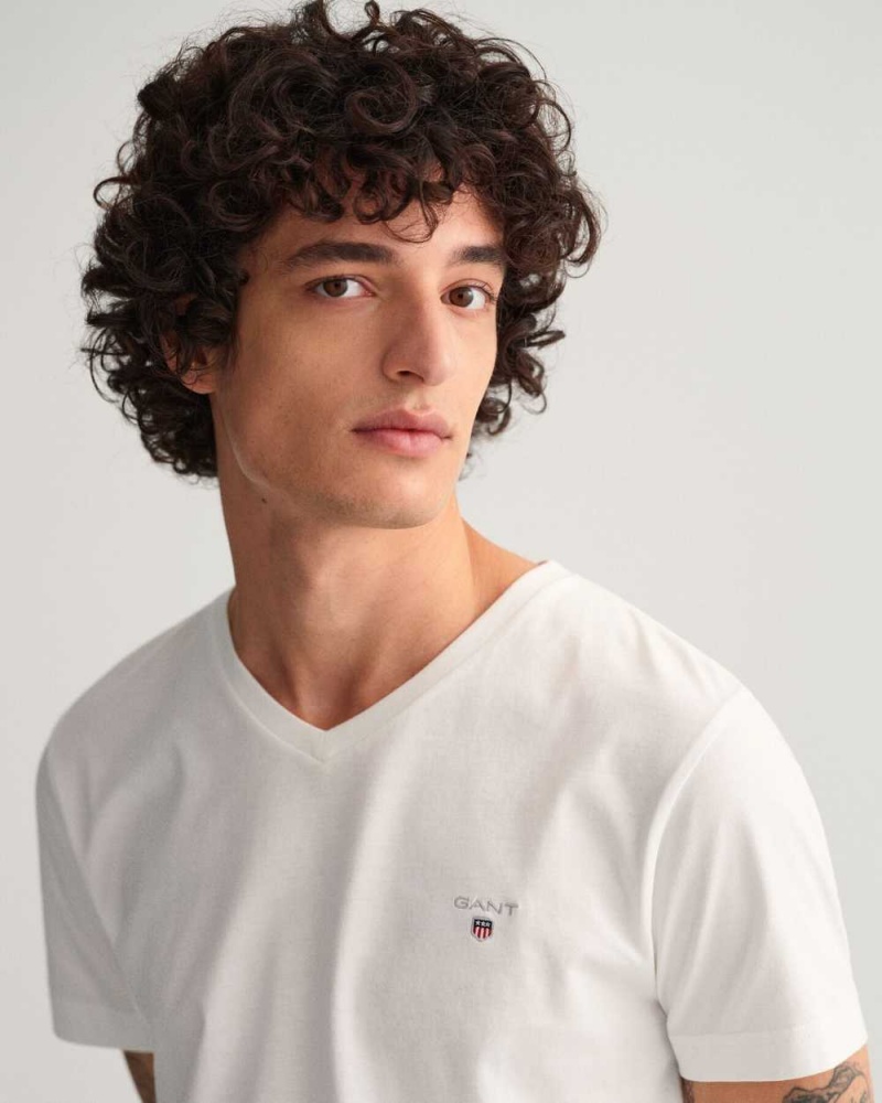 Gant Original Slim Fit V-Neck Men's T-Shirt White | UMEGI-9840