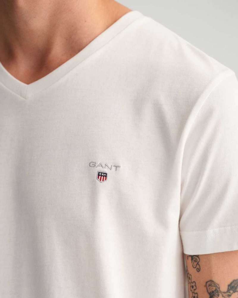 Gant Original Slim Fit V-Neck Men's T-Shirt White | UMEGI-9840