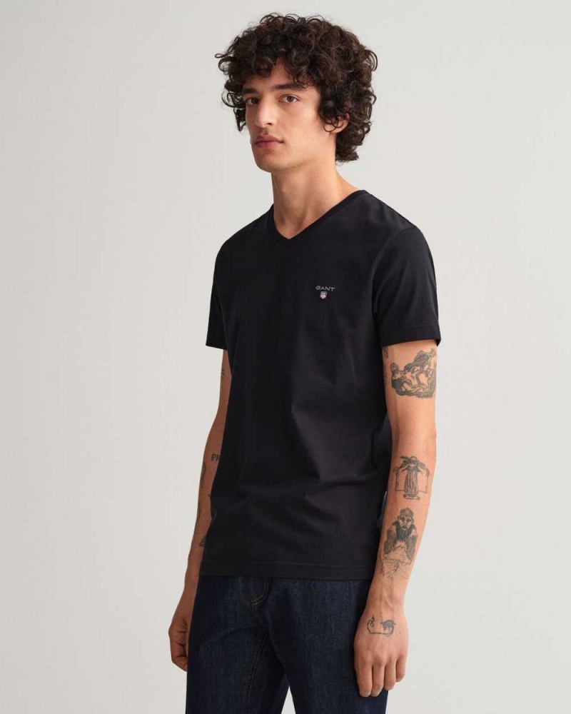 Gant Original Slim Fit V-Neck Men's T-Shirt Black | VNGDC-4309