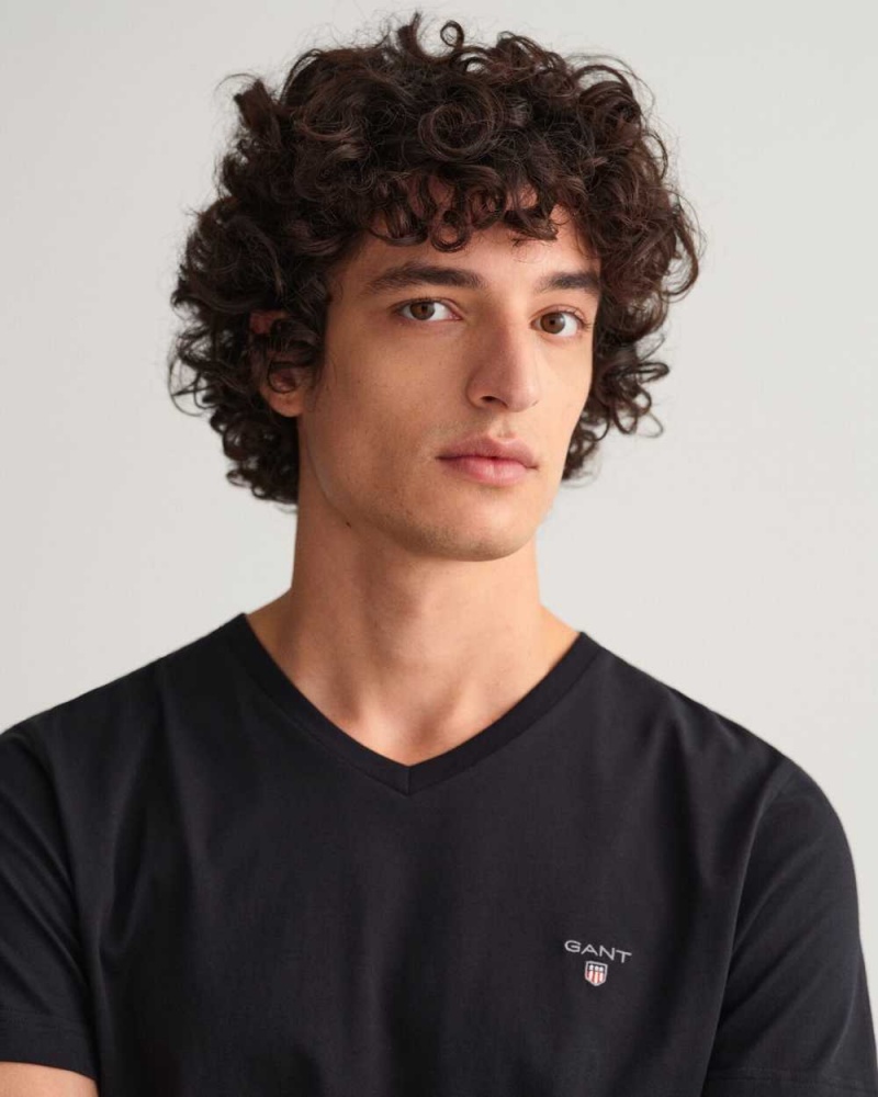 Gant Original Slim Fit V-Neck Men's T-Shirt Black | VNGDC-4309