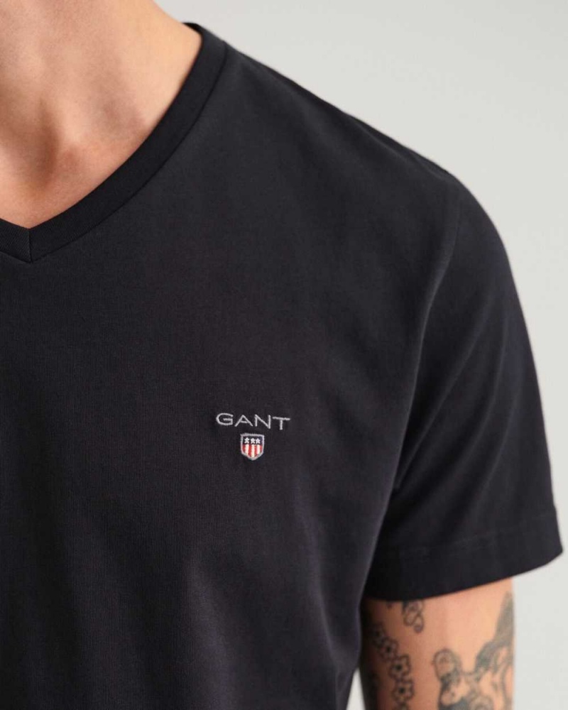 Gant Original Slim Fit V-Neck Men's T-Shirt Black | VNGDC-4309