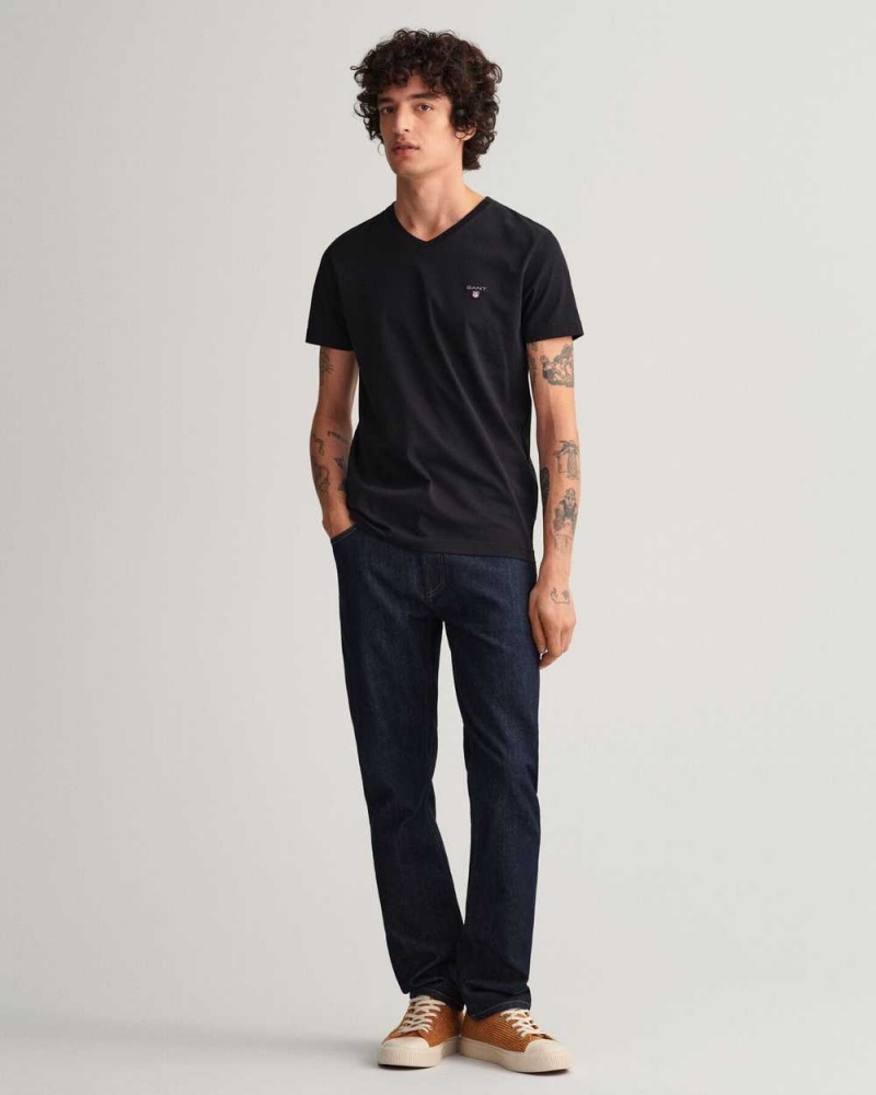 Gant Original Slim Fit V-Neck Men's T-Shirt Black | VNGDC-4309