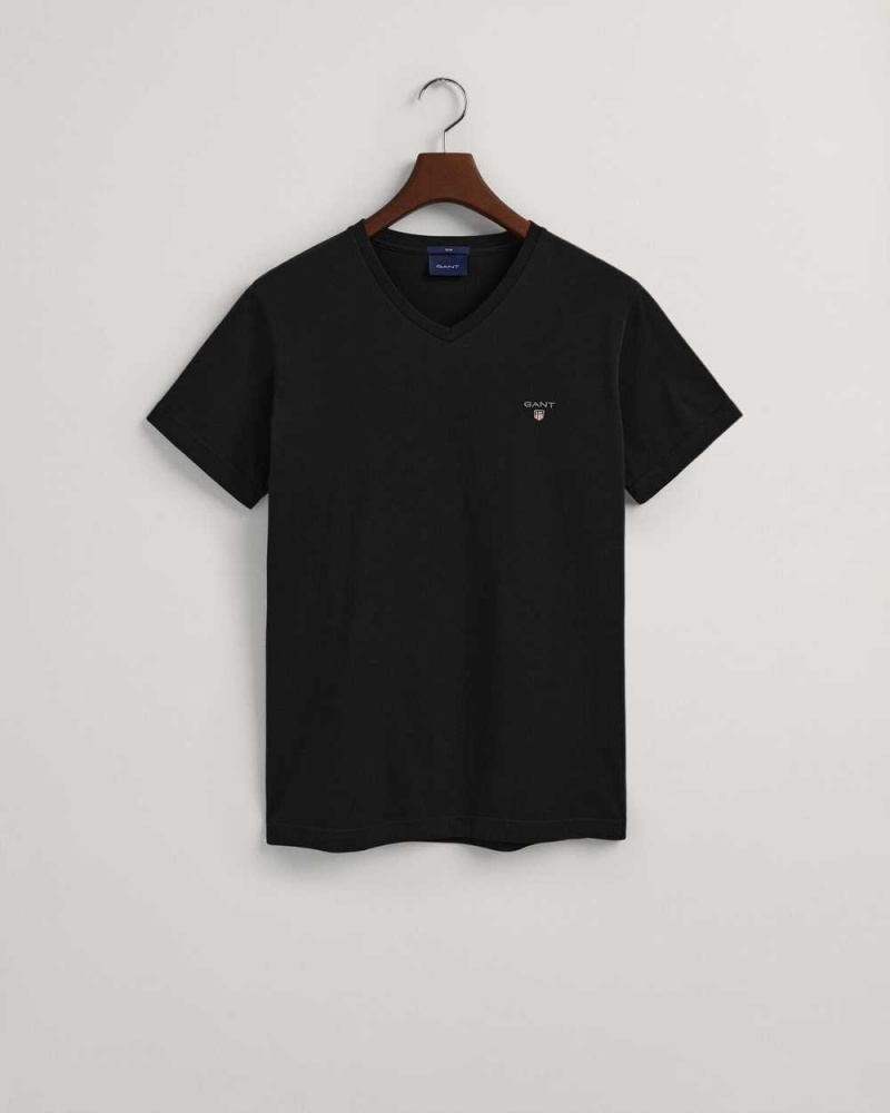 Gant Original Slim Fit V-Neck Men's T-Shirt Black | VNGDC-4309