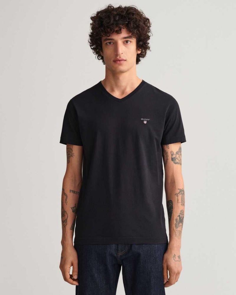 Gant Original Slim Fit V-Neck Men\'s T-Shirt Black | VNGDC-4309