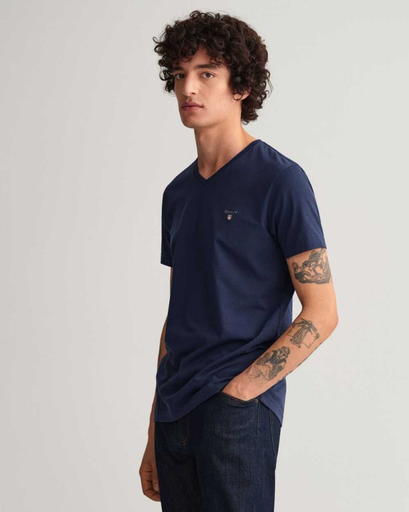 Gant Original Slim Fit V-Neck Men's T-Shirt Evening Blue | OFDPW-2597