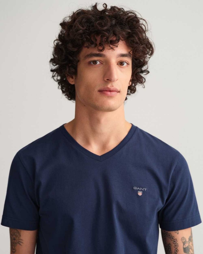 Gant Original Slim Fit V-Neck Men's T-Shirt Evening Blue | OFDPW-2597