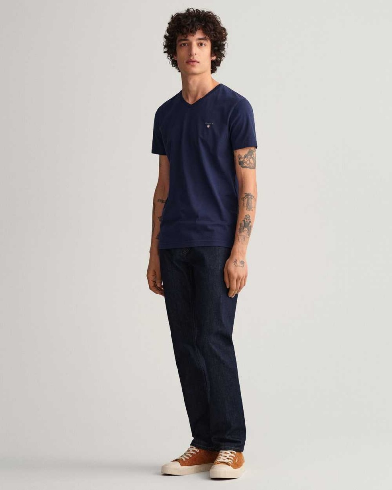 Gant Original Slim Fit V-Neck Men's T-Shirt Evening Blue | OFDPW-2597