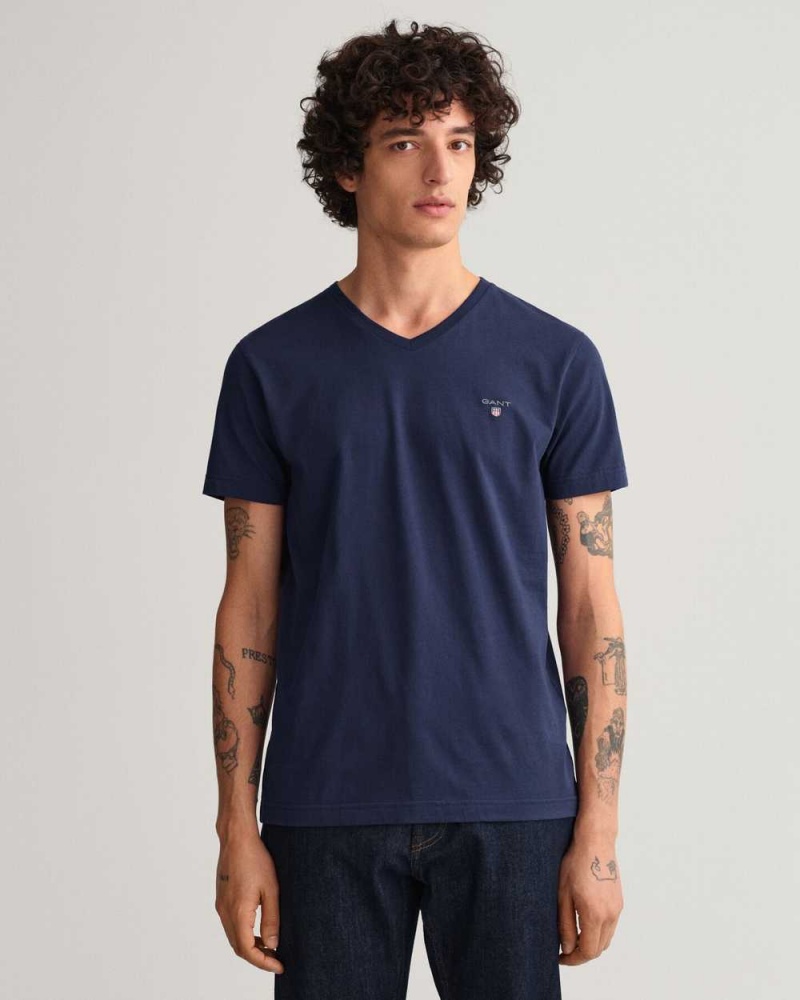 Gant Original Slim Fit V-Neck Men\'s T-Shirt Evening Blue | OFDPW-2597