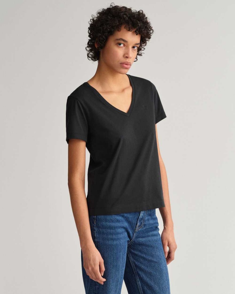 Gant Original V-Neck Women's T-Shirt Black | MXDBA-8721