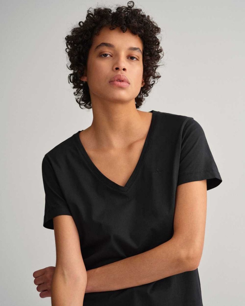 Gant Original V-Neck Women's T-Shirt Black | MXDBA-8721