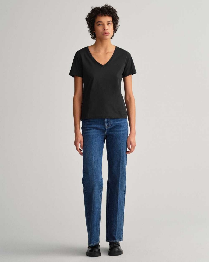 Gant Original V-Neck Women's T-Shirt Black | MXDBA-8721