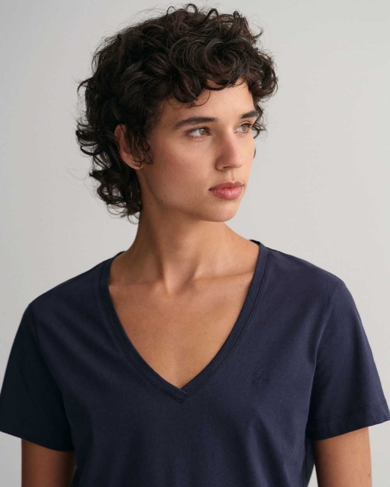 Gant Original V-Neck Women's T-Shirt Evening Blue | BEOLX-6953