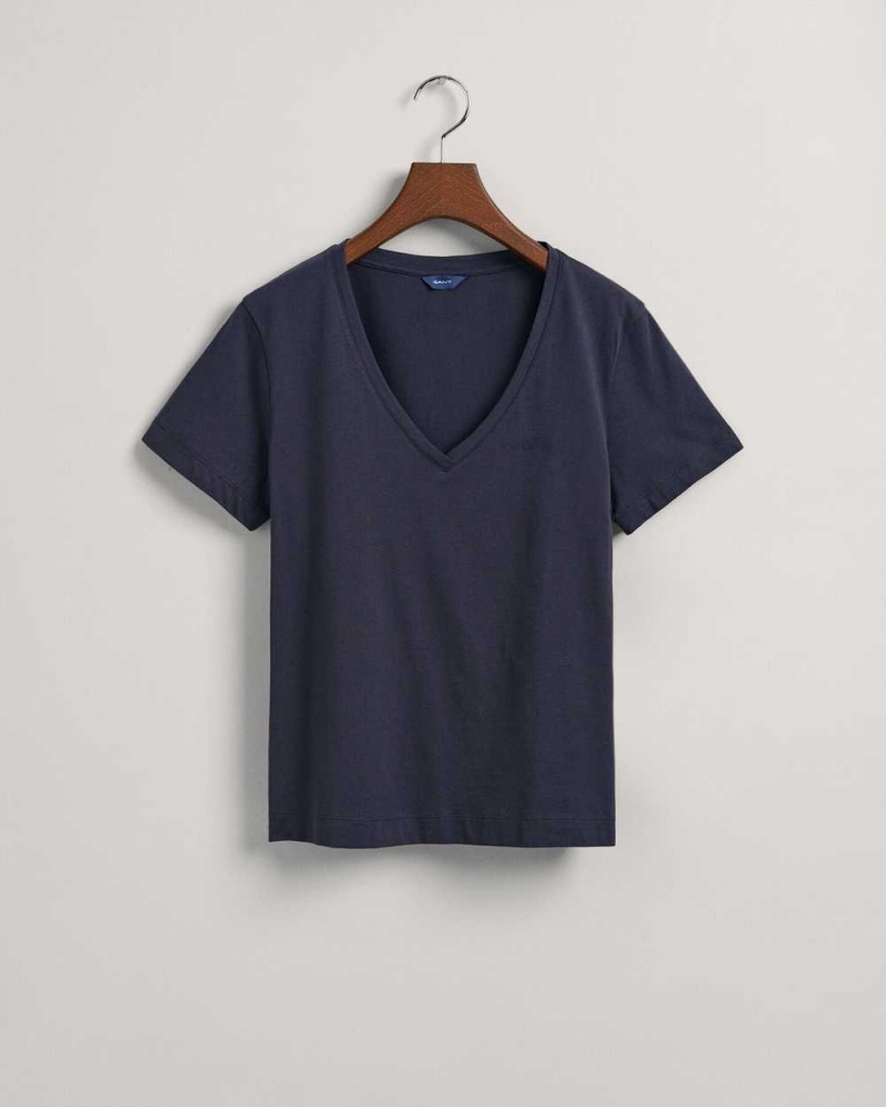 Gant Original V-Neck Women's T-Shirt Evening Blue | BEOLX-6953