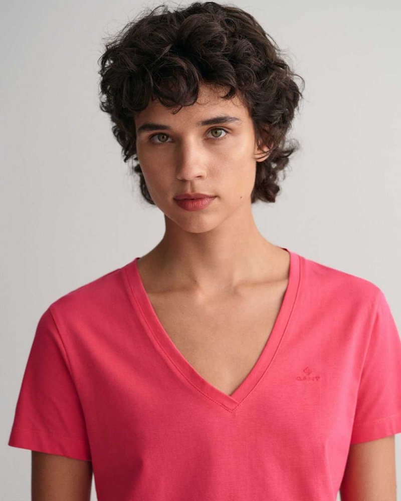 Gant Original V-Neck Women's T-Shirt Magenta Pink | RZGAY-5284