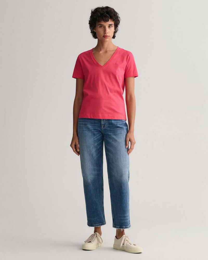 Gant Original V-Neck Women's T-Shirt Magenta Pink | RZGAY-5284