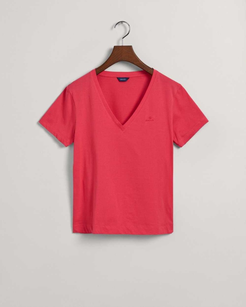 Gant Original V-Neck Women's T-Shirt Magenta Pink | RZGAY-5284