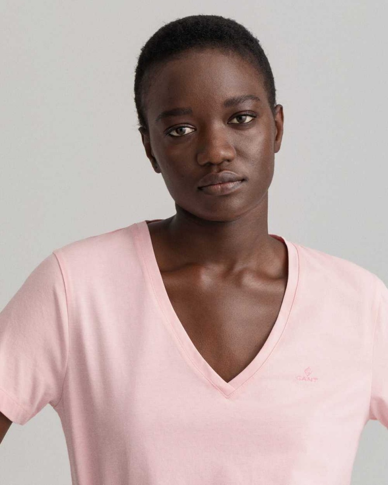 Gant Original V-Neck Women's T-Shirt Preppy Pink | NWFLQ-8746