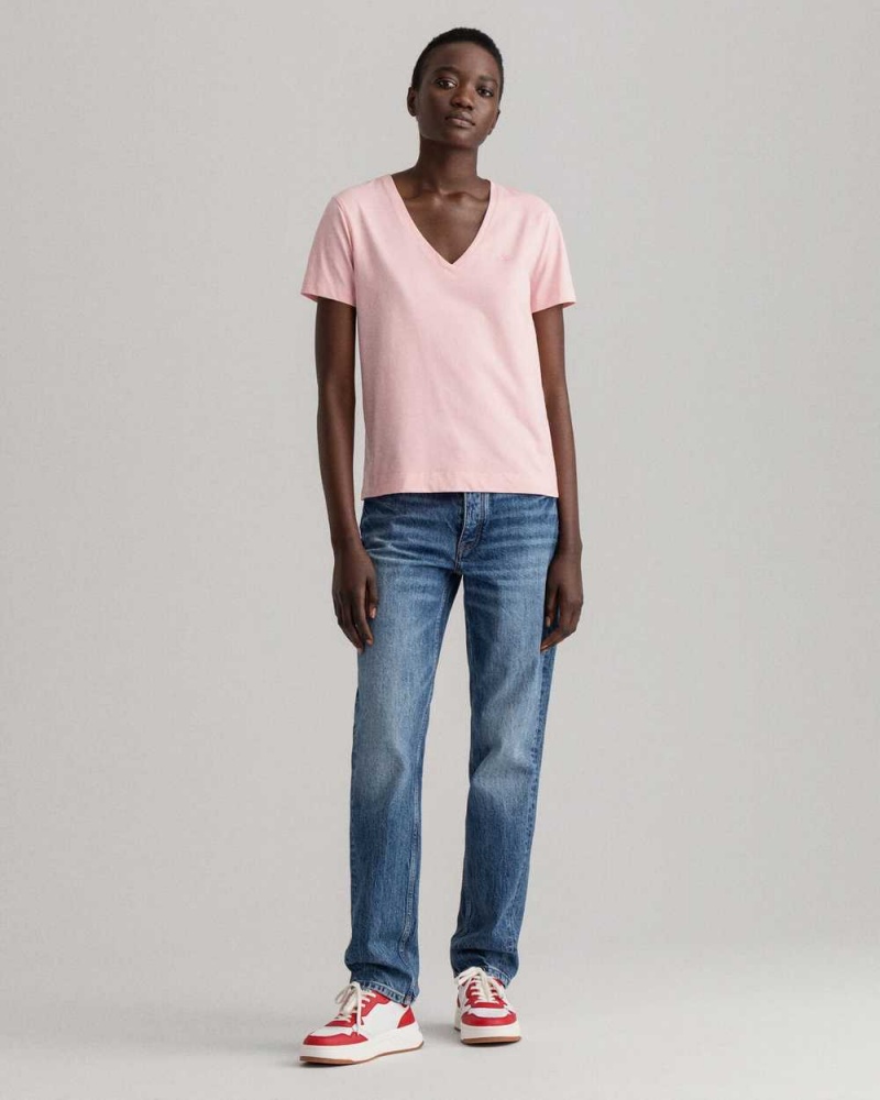 Gant Original V-Neck Women's T-Shirt Preppy Pink | NWFLQ-8746