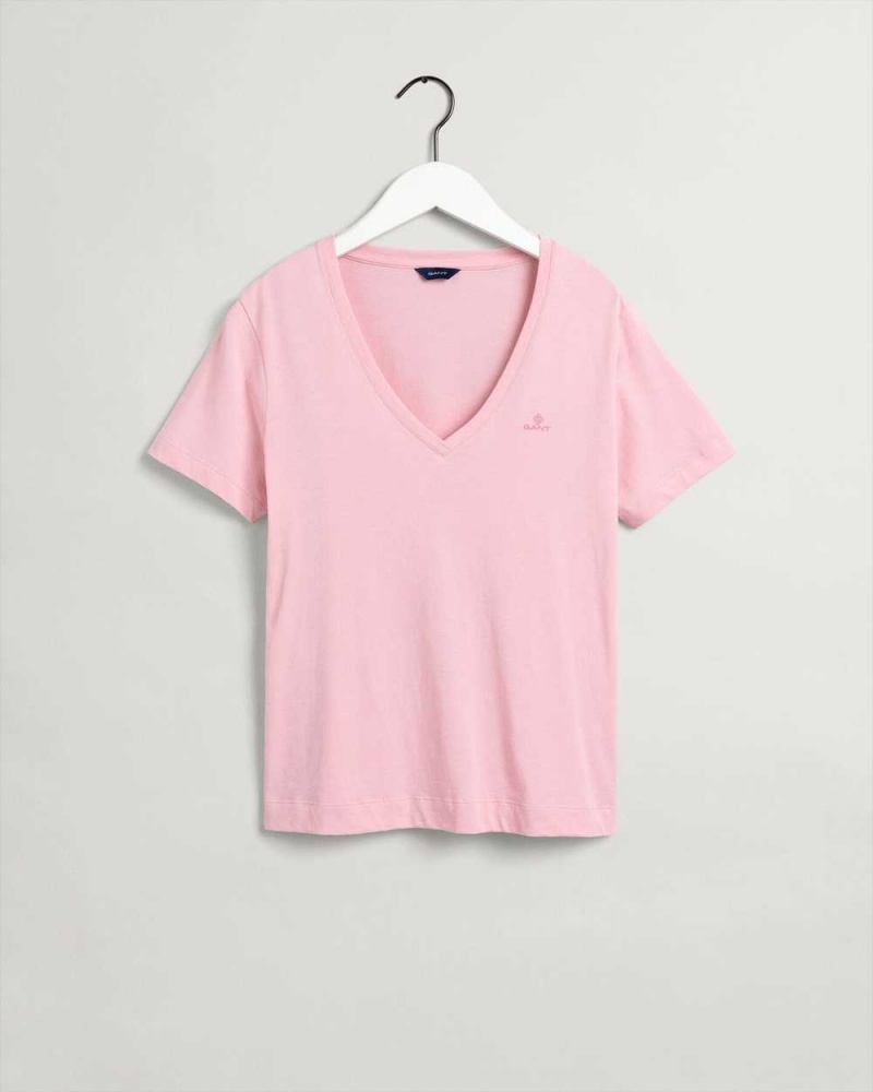 Gant Original V-Neck Women's T-Shirt Preppy Pink | NWFLQ-8746