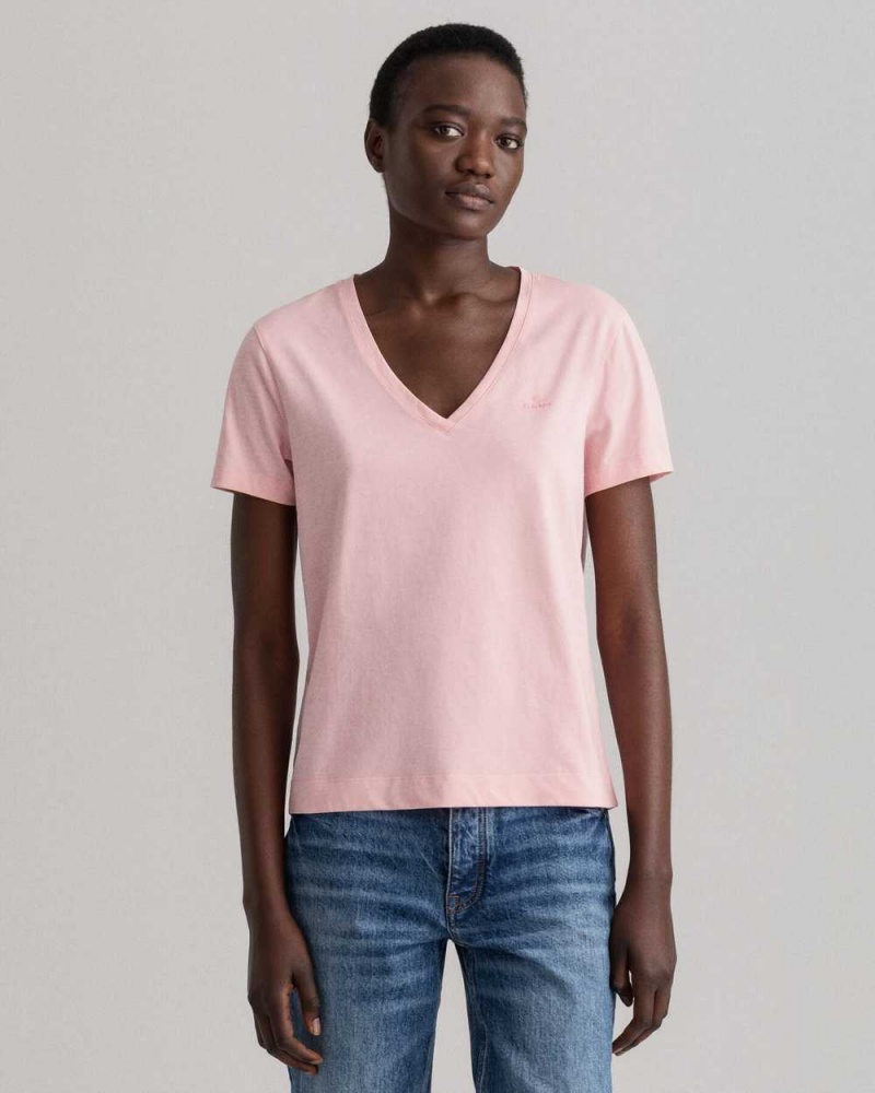 Gant Original V-Neck Women\'s T-Shirt Preppy Pink | NWFLQ-8746