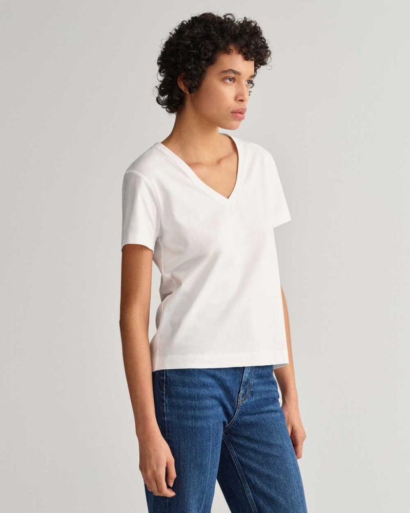 Gant Original V-Neck Women's T-Shirt White | PMARX-5173