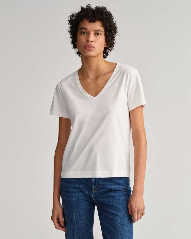 Gant Original V-Neck Women\'s T-Shirt White | PMARX-5173