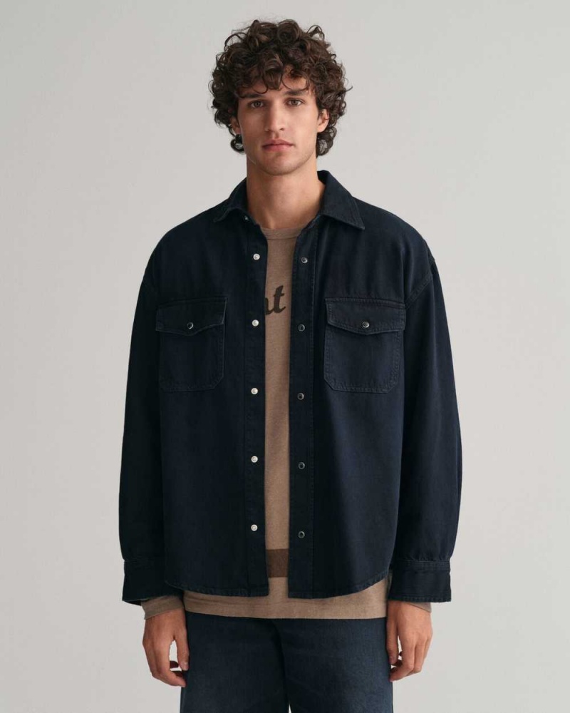 Gant Oversized Denim Men\'s Shirts Black Worn In | VYQIL-9421