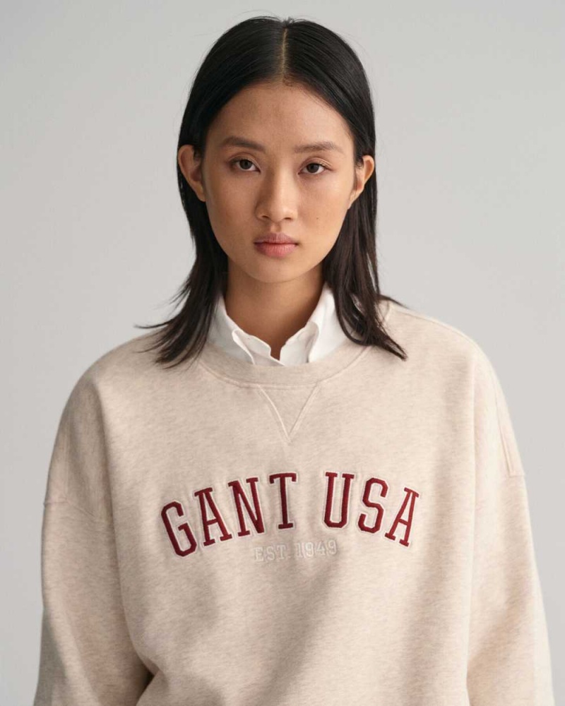 Gant Oversized GANT USA Crew Neck Women's Sweatshirts Light Beige Melange | CMEVY-1827