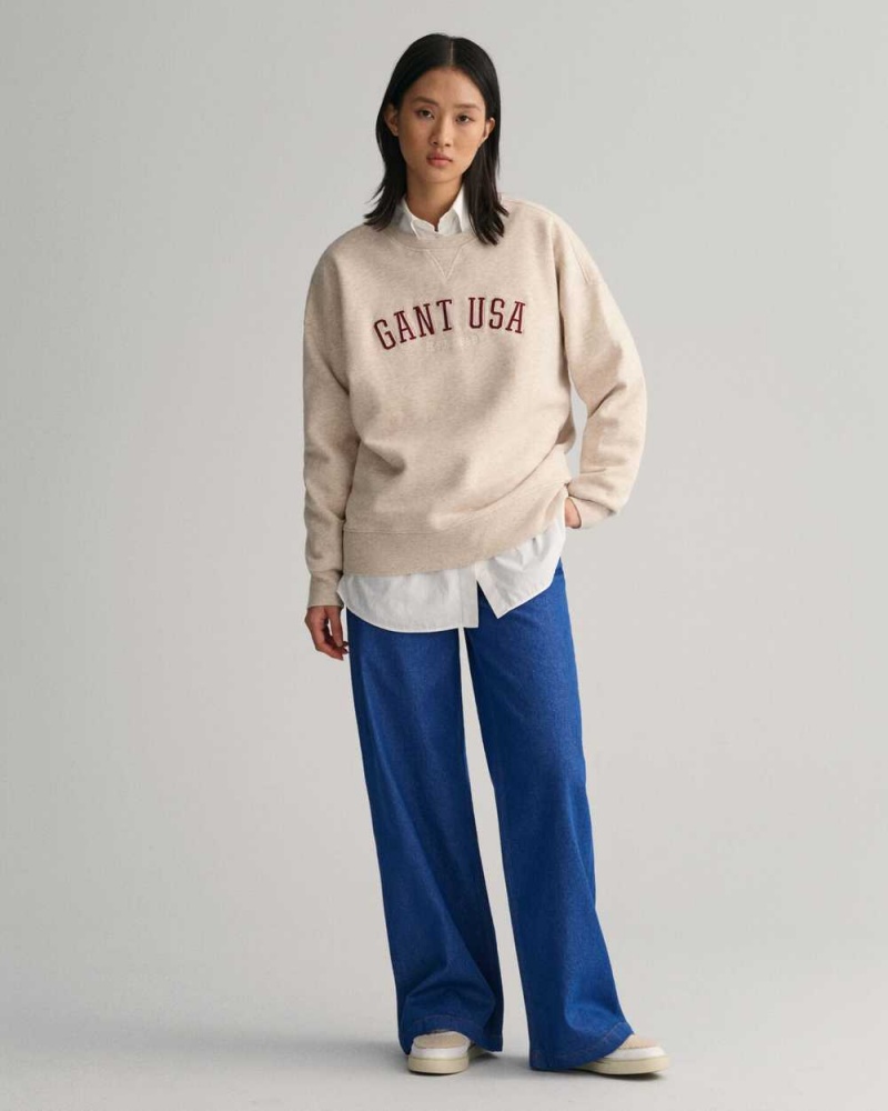 Gant Oversized GANT USA Crew Neck Women's Sweatshirts Light Beige Melange | CMEVY-1827