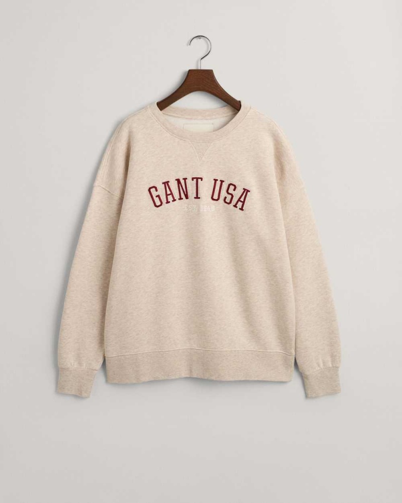 Gant Oversized GANT USA Crew Neck Women's Sweatshirts Light Beige Melange | CMEVY-1827