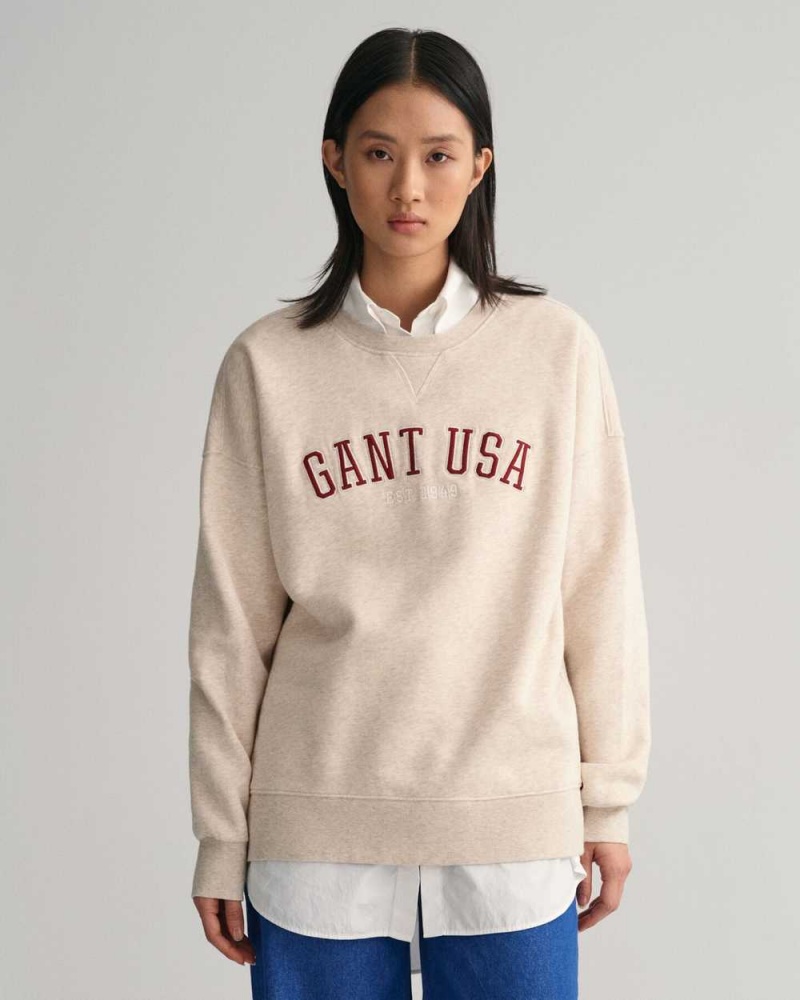 Gant Oversized GANT USA Crew Neck Women\'s Sweatshirts Light Beige Melange | CMEVY-1827