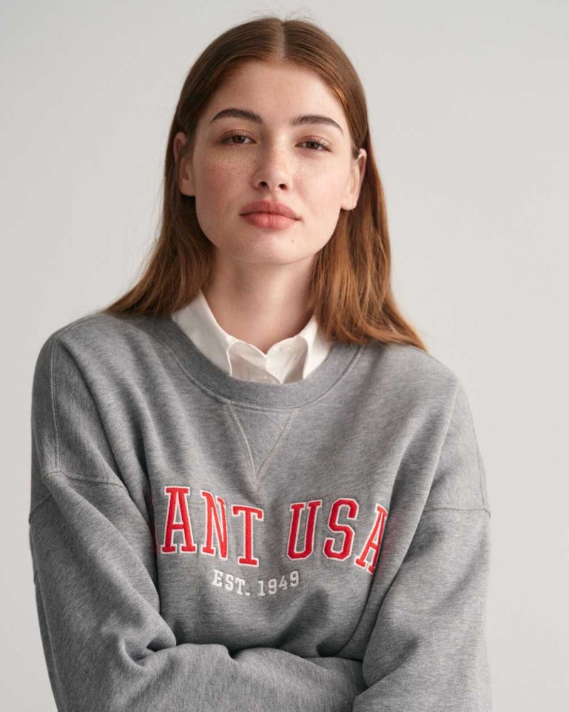 Gant Oversized GANT USA Crew Neck Women's Sweatshirts Grey Melange | GZLHX-6428