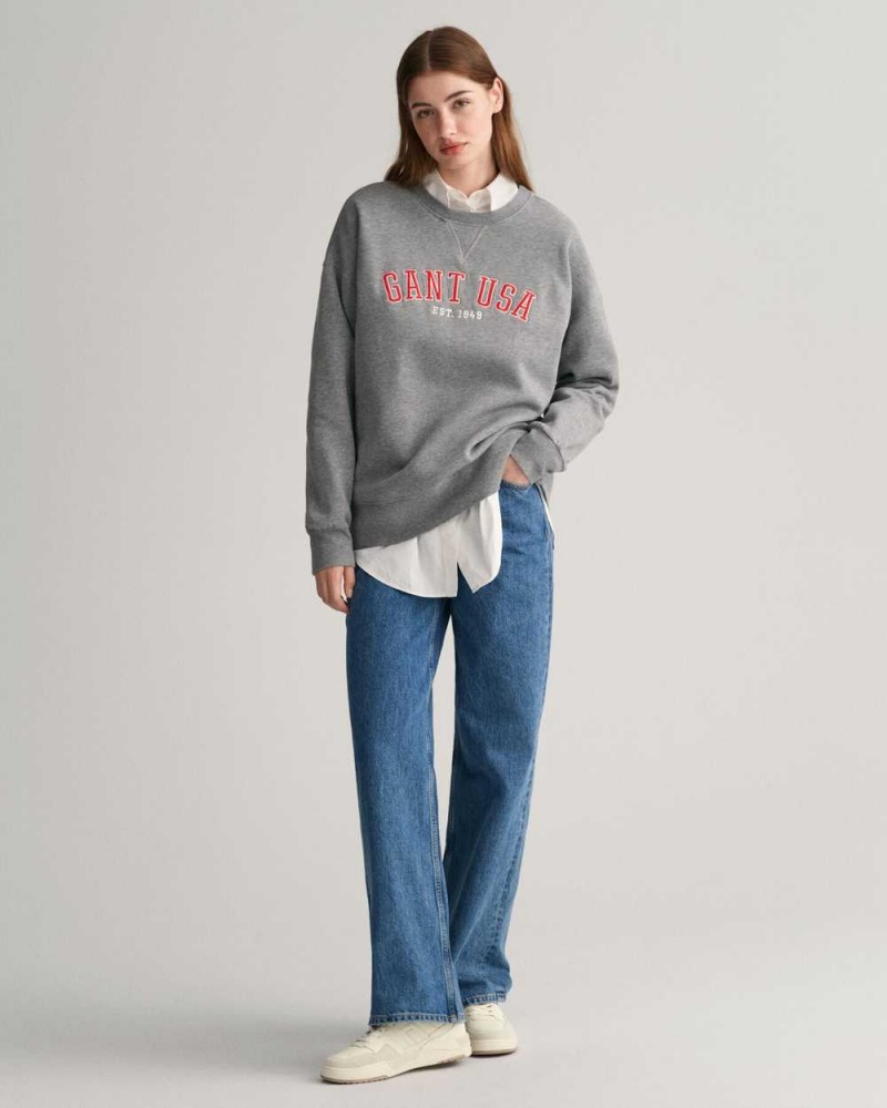 Gant Oversized GANT USA Crew Neck Women's Sweatshirts Grey Melange | GZLHX-6428