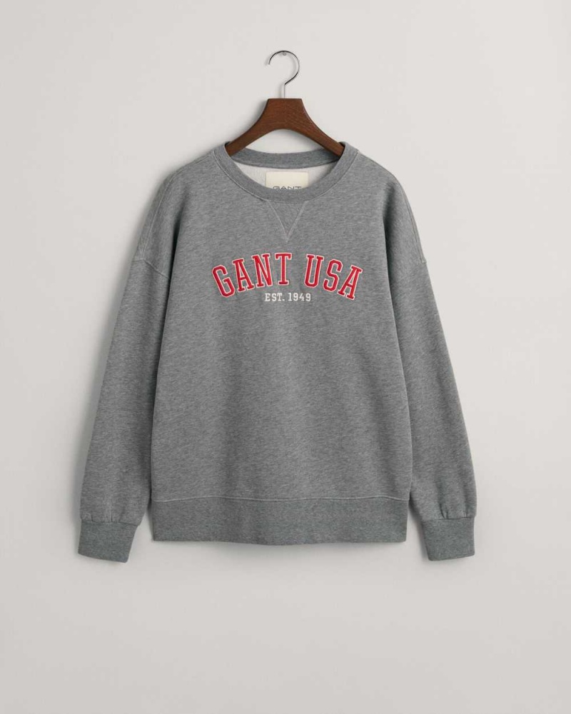 Gant Oversized GANT USA Crew Neck Women's Sweatshirts Grey Melange | GZLHX-6428