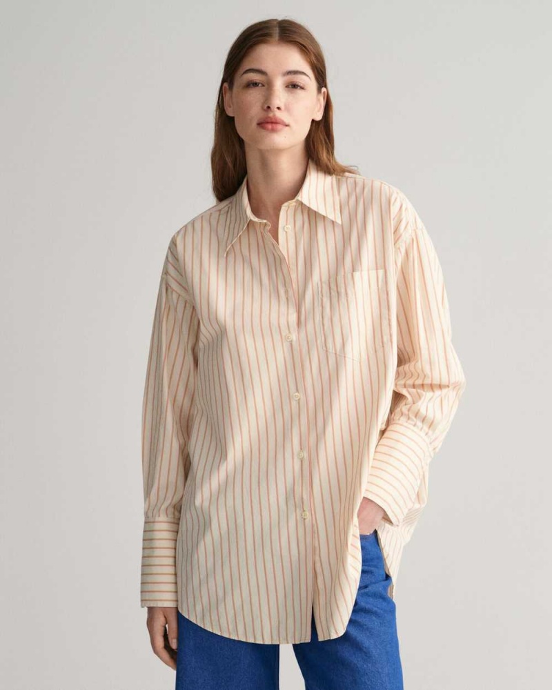 Gant Oversized High Cuffs Striped Poplin Women\'s Shirts Linen | WTRXP-6520