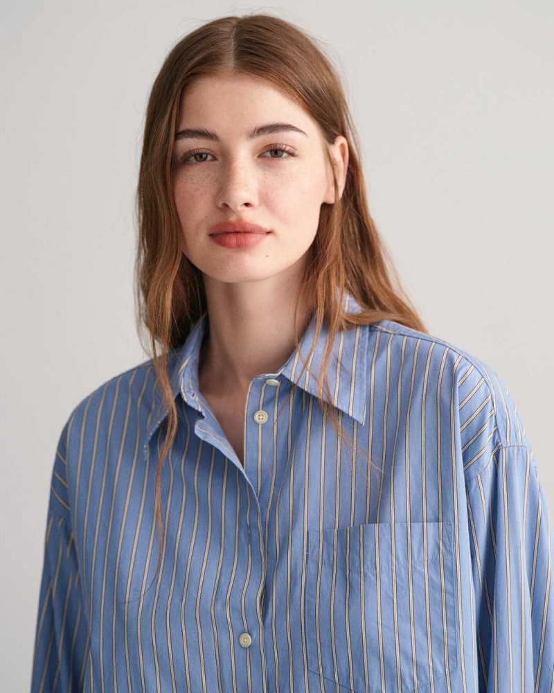 Gant Oversized High Cuffs Striped Poplin Women's Shirts Waterfall Blue | JEYNT-2743