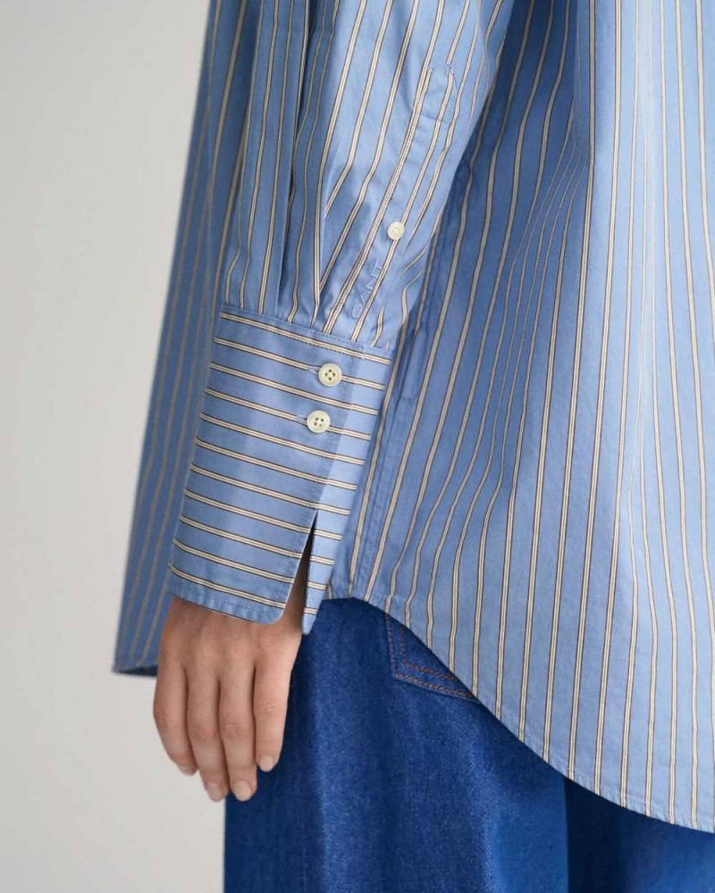 Gant Oversized High Cuffs Striped Poplin Women's Shirts Waterfall Blue | JEYNT-2743