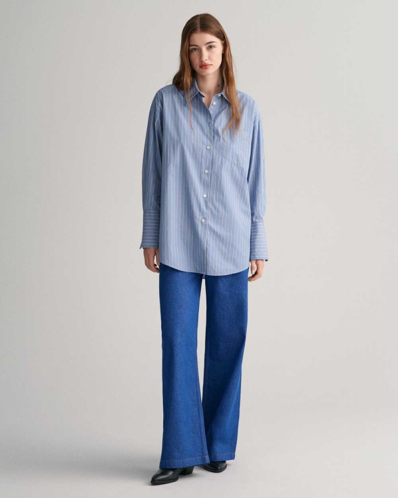 Gant Oversized High Cuffs Striped Poplin Women's Shirts Waterfall Blue | JEYNT-2743