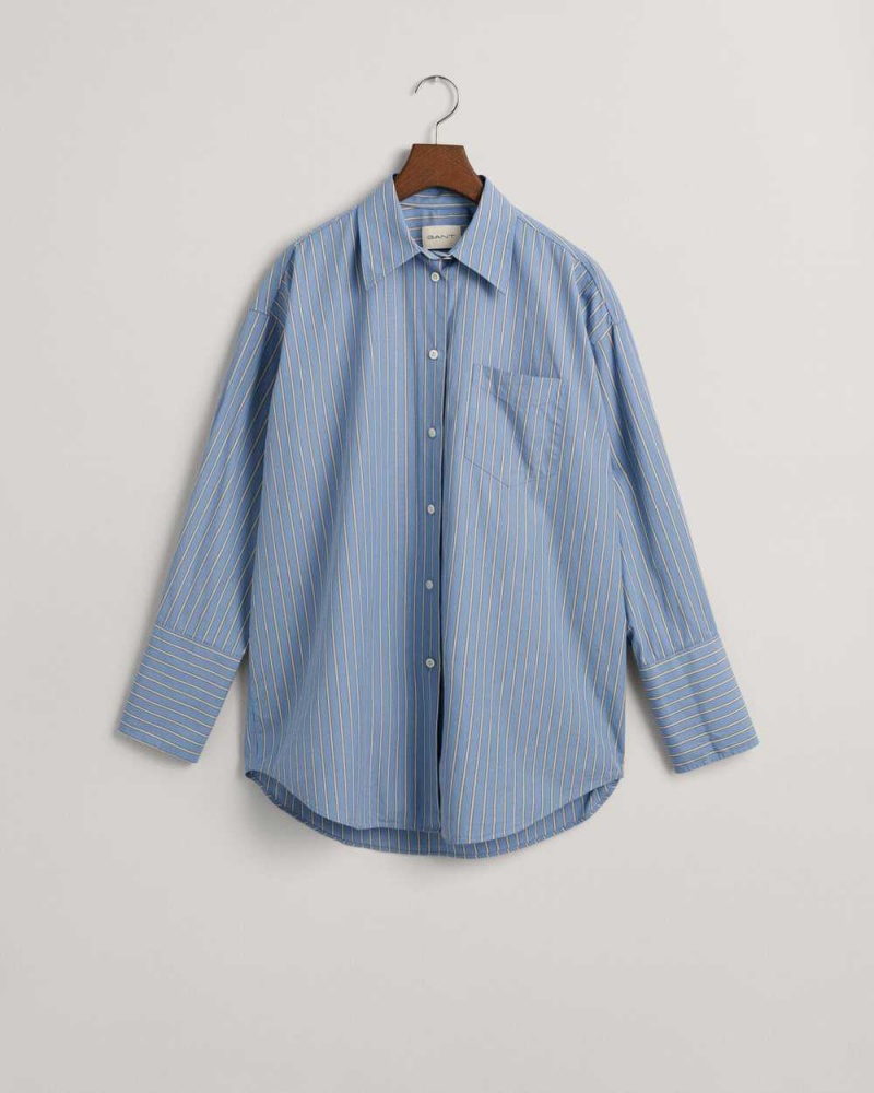 Gant Oversized High Cuffs Striped Poplin Women's Shirts Waterfall Blue | JEYNT-2743