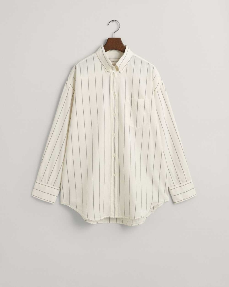 Gant Oversized Luxury Striped Oxford Women's Shirts Beige White | HVNRP-4627