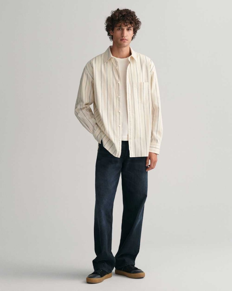 Gant Oversized Striped Compact Poplin Men's Shirts Linen | IJSYW-6829