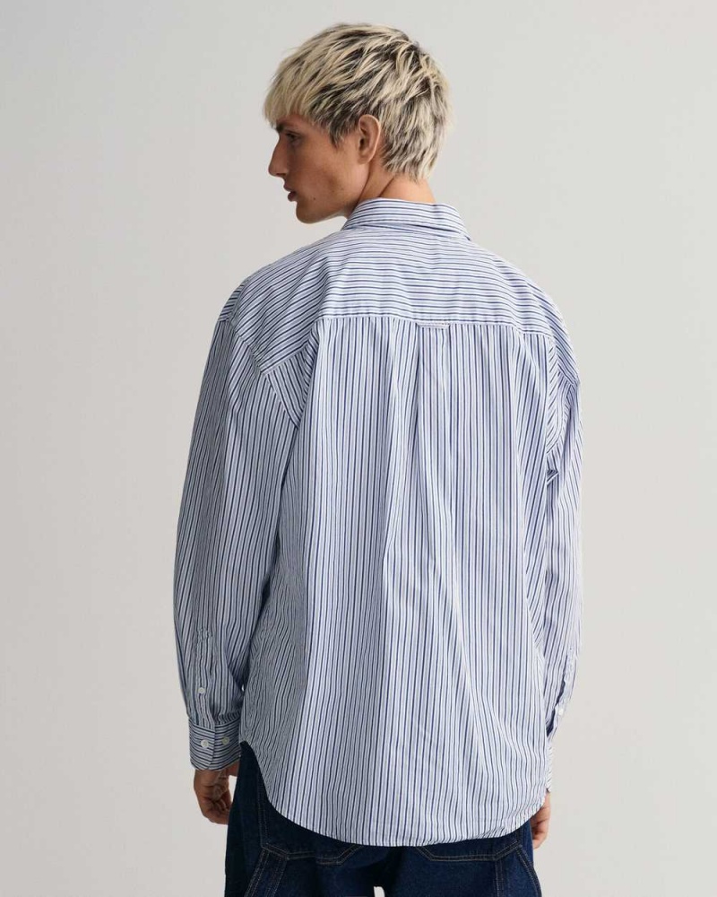 Gant Oversized Striped Poplin Men's Shirts College Blue | CABZR-9375